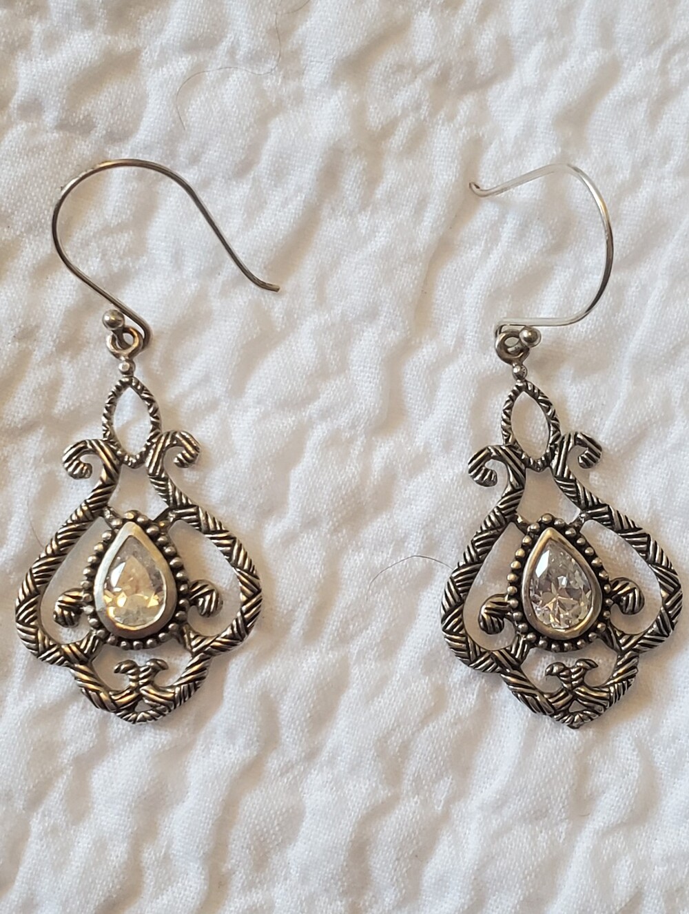 Vintage Sterling Silver Filigree Earrings with Teardrop Clear Crystal